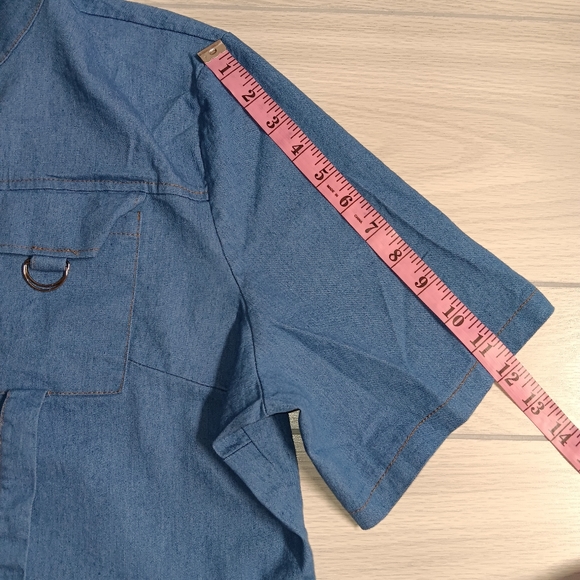 Casual Pocket Stretch Denim Plus Size Short Sleeve Crop Top Shorts Two-Piece - Picture 11 of 15